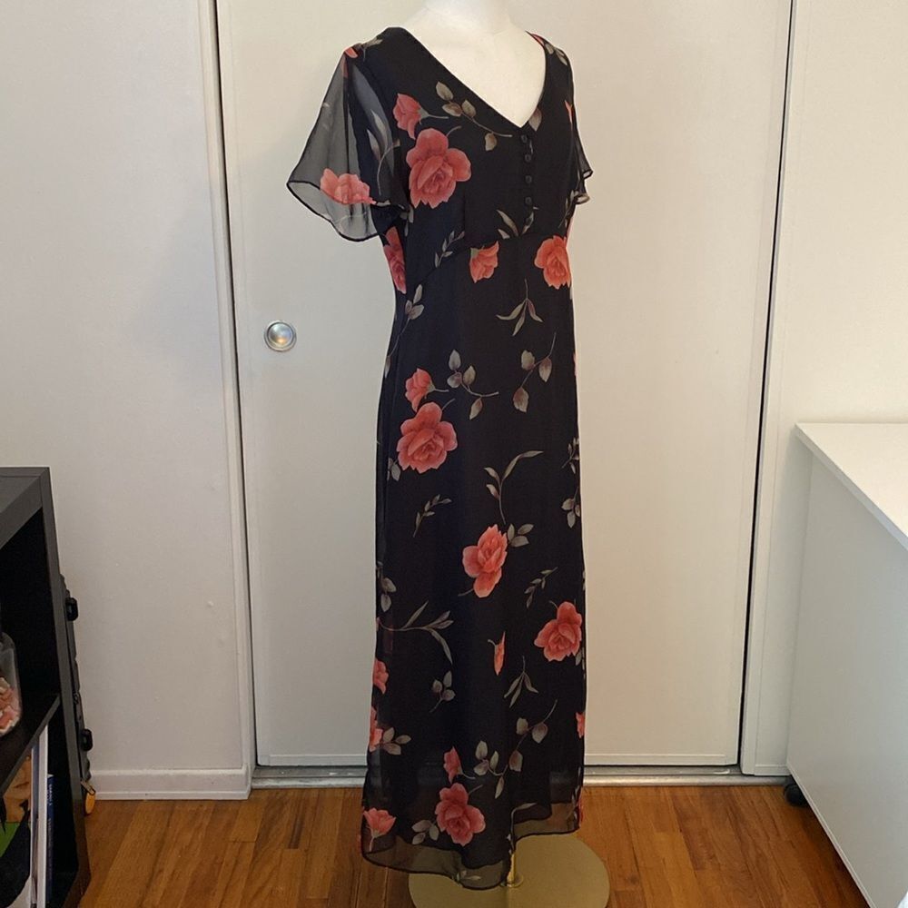 Vintage 90's Kathie Lee Black Rose Print Midi Dress Size 8 - Picture 5 of 12